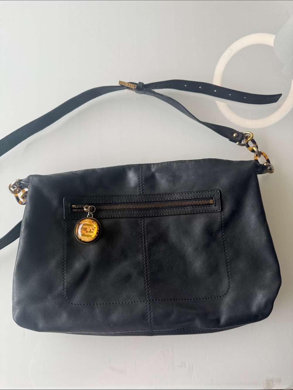 Fendi VINTAGE Black Leather Crossbody with Fendi stone zip pull & Gold Hardware